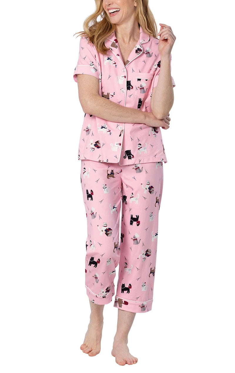PajamaGram Cat Pajamas for Women - Short Sleeve PJs for Women, Pink, M, 10-12 - Image 1